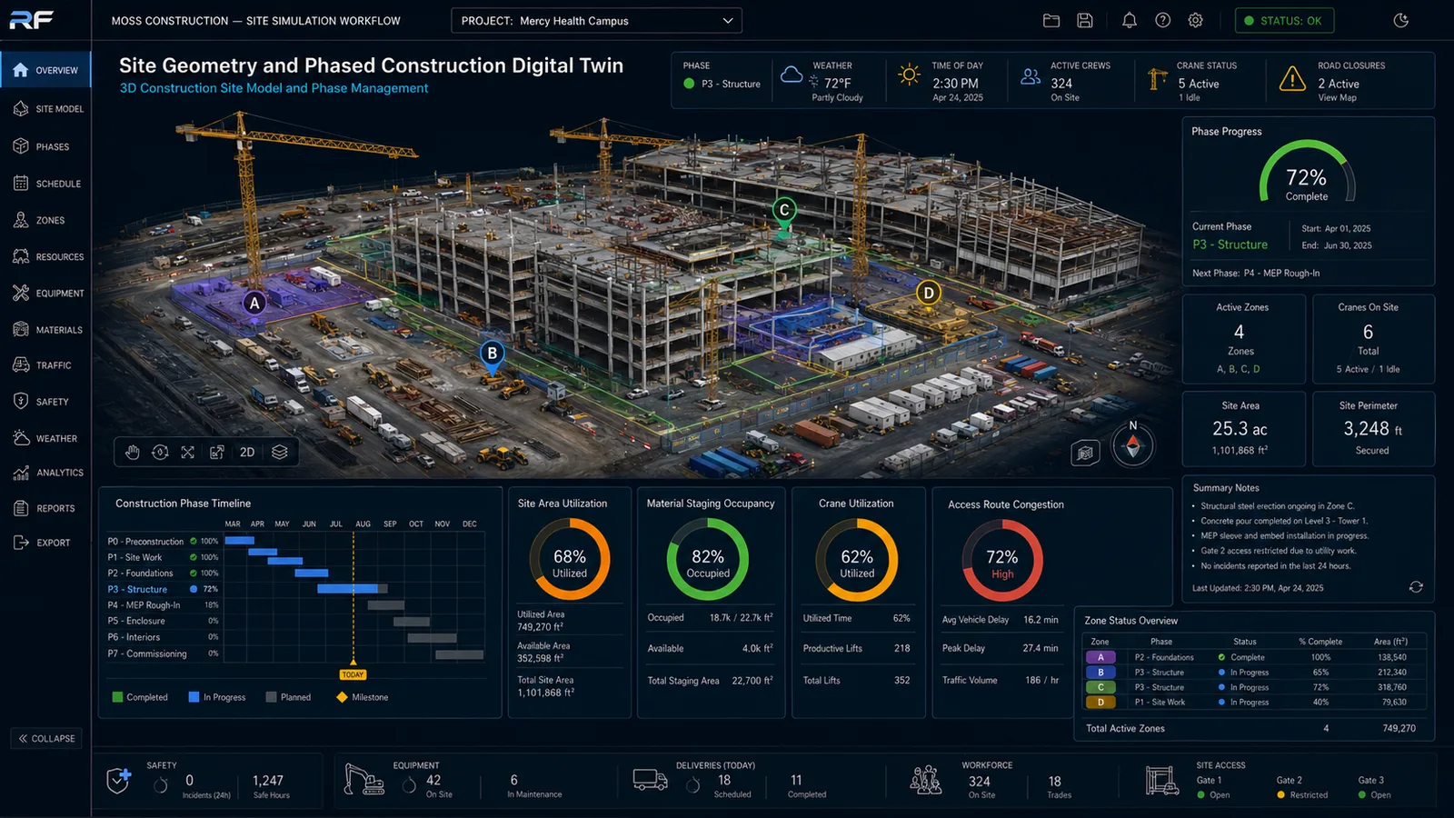 Site geometry and phased construction digital twin